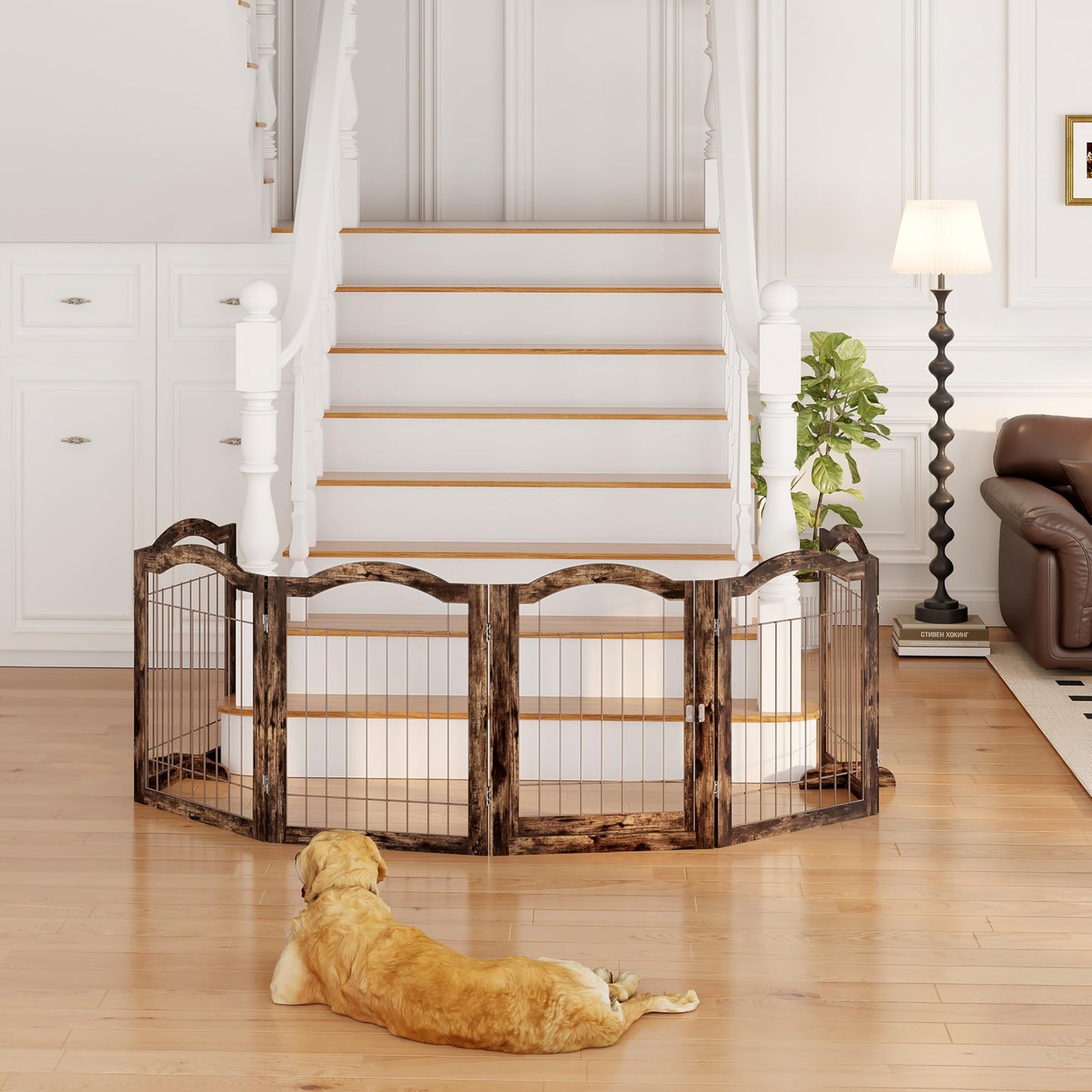 Vantas Folding No-Assembly Dog Door Pet Gate 144" Wide, 30" Tall Wooden Dog Gate with Door Walk Through, Freestanding Wire Pet Gate, Pet Puppy Safety Fence, with 2PCS Support - Rustic Brown