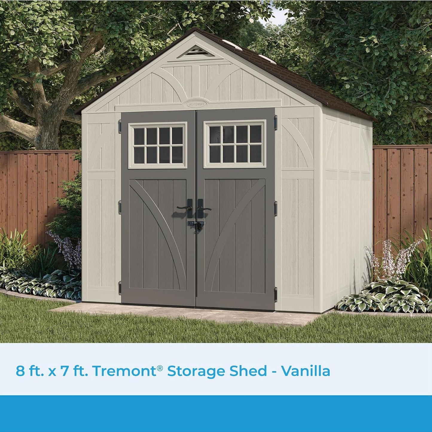Suncast 8x7 Ft. Outdoor Storage Shed - Large Resin Shed with Floor, Lockable Double Doors, & Skylights. 378 Cu Ft Tremont Garden Sheds & Outdoor Storage for Lawn Tools, Riding Mowers, Bikes, & More