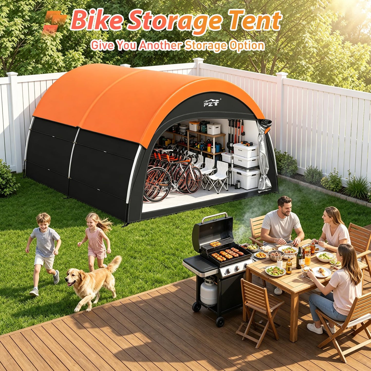 PZT Upgraded Bike Tent with Rain Cover, Portable Outdoor Storage Shed for 8-10 Bikes, 210D Oxford Fabric PU4000 Waterproof, Bike Shed/Bike Cover for Motorcycles, Garden Tools, Lawn Mower