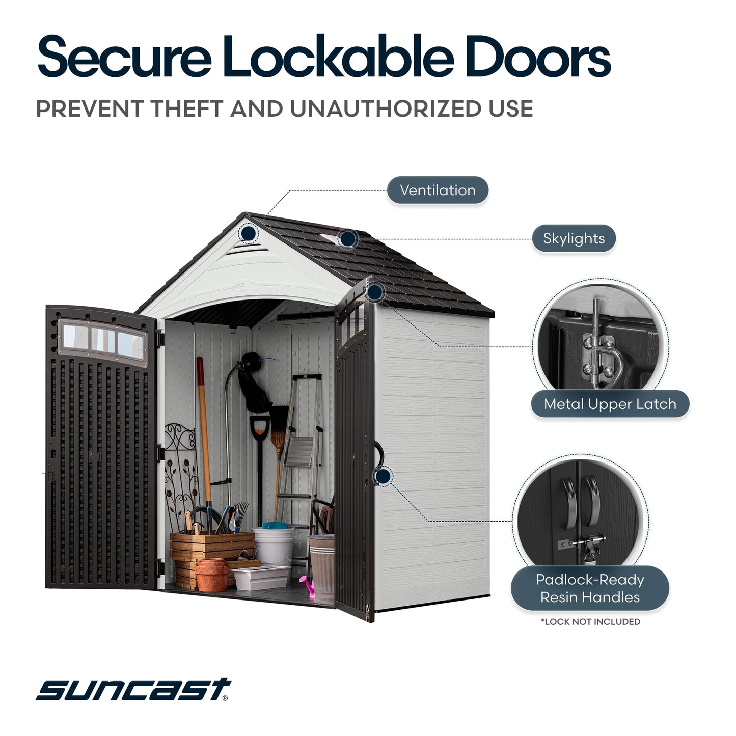 Suncast 7x4 Ft. Vista Vertical Resin Shed - Outdoor Storage Shed with Floor, Double Doors, IllumiVent™ Ventilation, Reinforced Resin Panels - Ideal for Ladders, Long-Handled Tools, & Garden Equipment