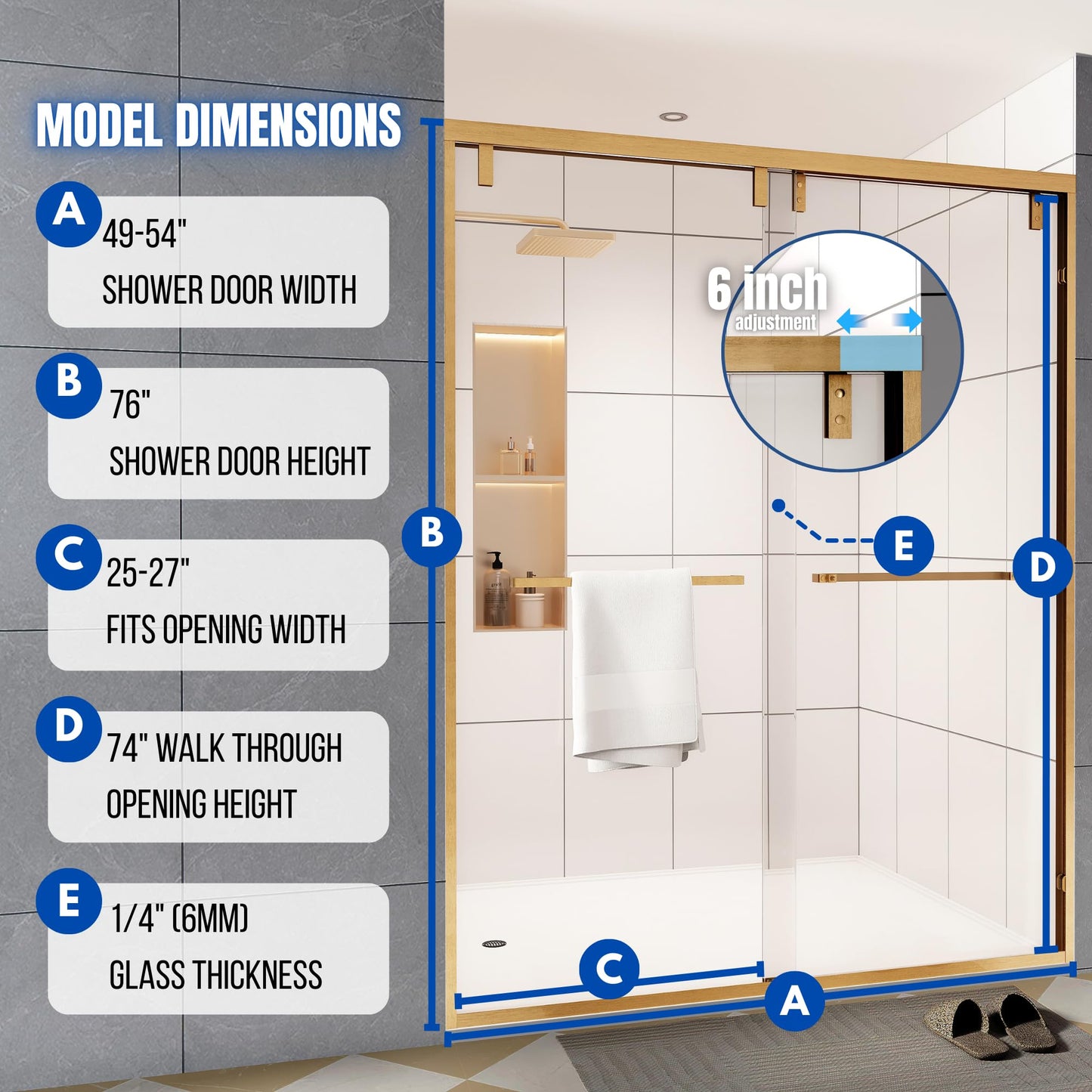 Dyvalis 49-54" W x 76" H Semi-Frameless Double Sliding Shower Door, 1/4" (6mm) SGCC Tempered Clear Glass with Easy-Clean Coating, Bypass Glass Shower Doors, Brushed Gold