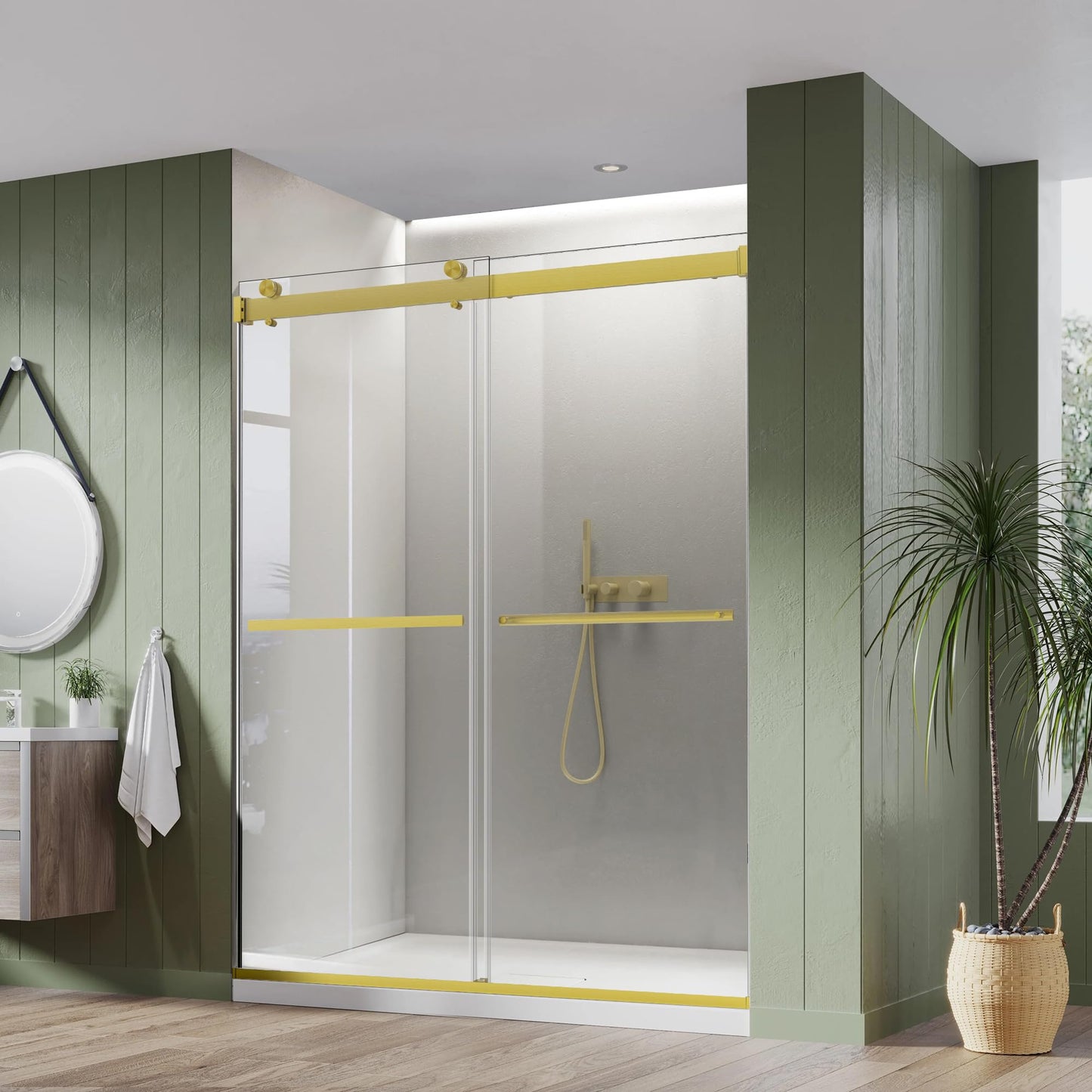 Bathroom Double Sliding Shower Door, 64" W × 76" H Frameless Shower Enclosure with 5/16"(8mm) Clear Tempered Glass Door, Brushed Gold Hardware, for Walk-in Bathroom