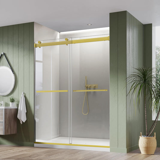 Bathroom Double Sliding Shower Door, 64" W × 76" H Frameless Shower Enclosure with 5/16"(8mm) Clear Tempered Glass Door, Brushed Gold Hardware, for Walk-in Bathroom