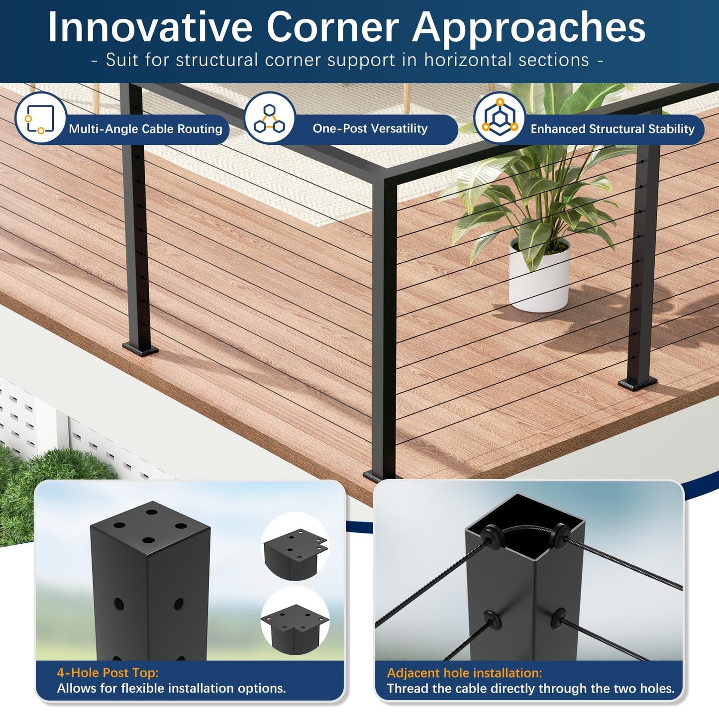 Gyykzz 36" Cable Railing Corner Post, L-Drilled Stainless Steel T304 Corner Rail Post, Upgraded Black Powder Coated One-Post Corner Solution, Wire Metal Post for Indoor Outdoor Deck Railing