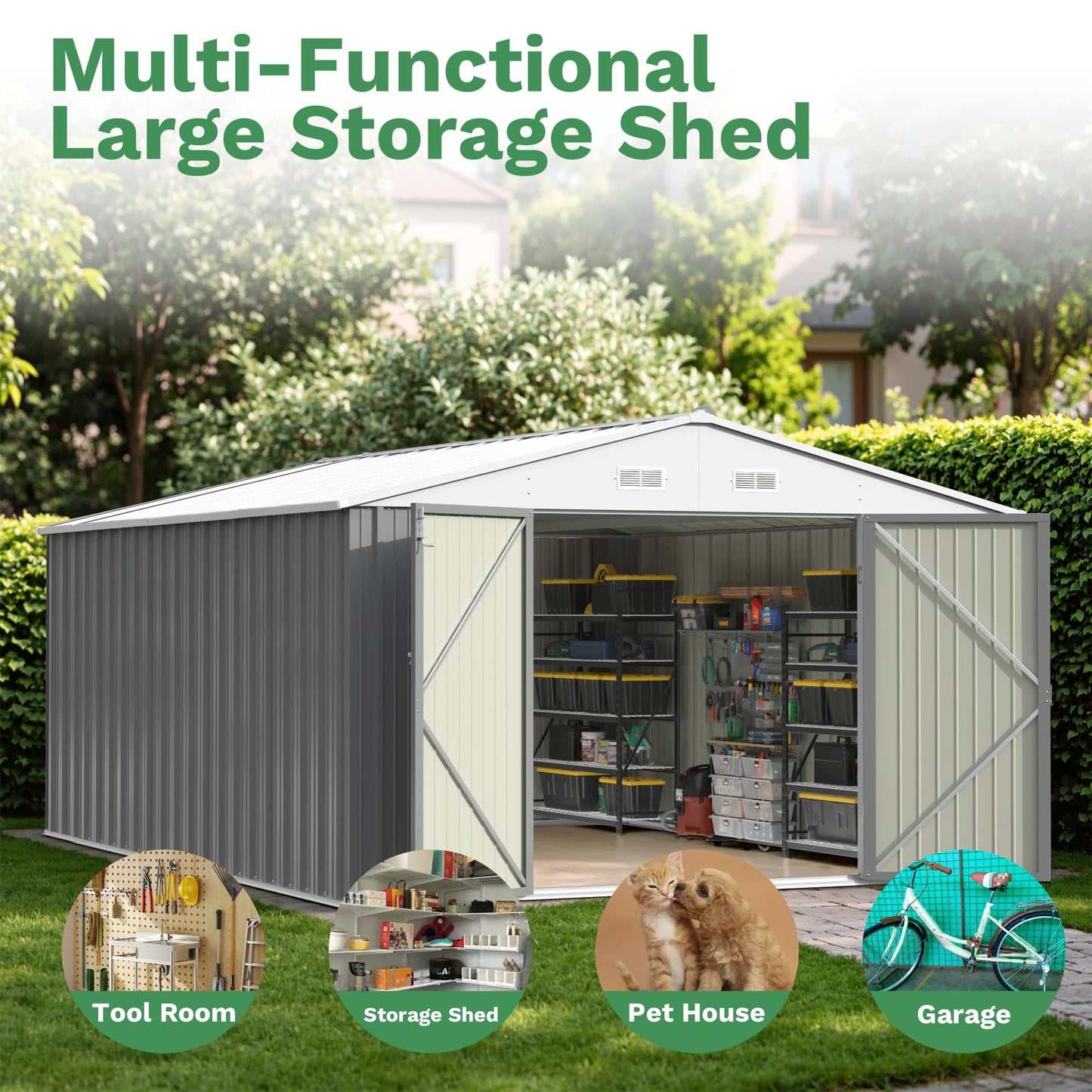 Patiowell 10x14 FT Outdoor Storage Shed, Large Metal Garden Shed with Lockable Door and Sloping Roof, Outside Steel Utility Tool Sheds for Backyard Lawn Garden Patio, Grey