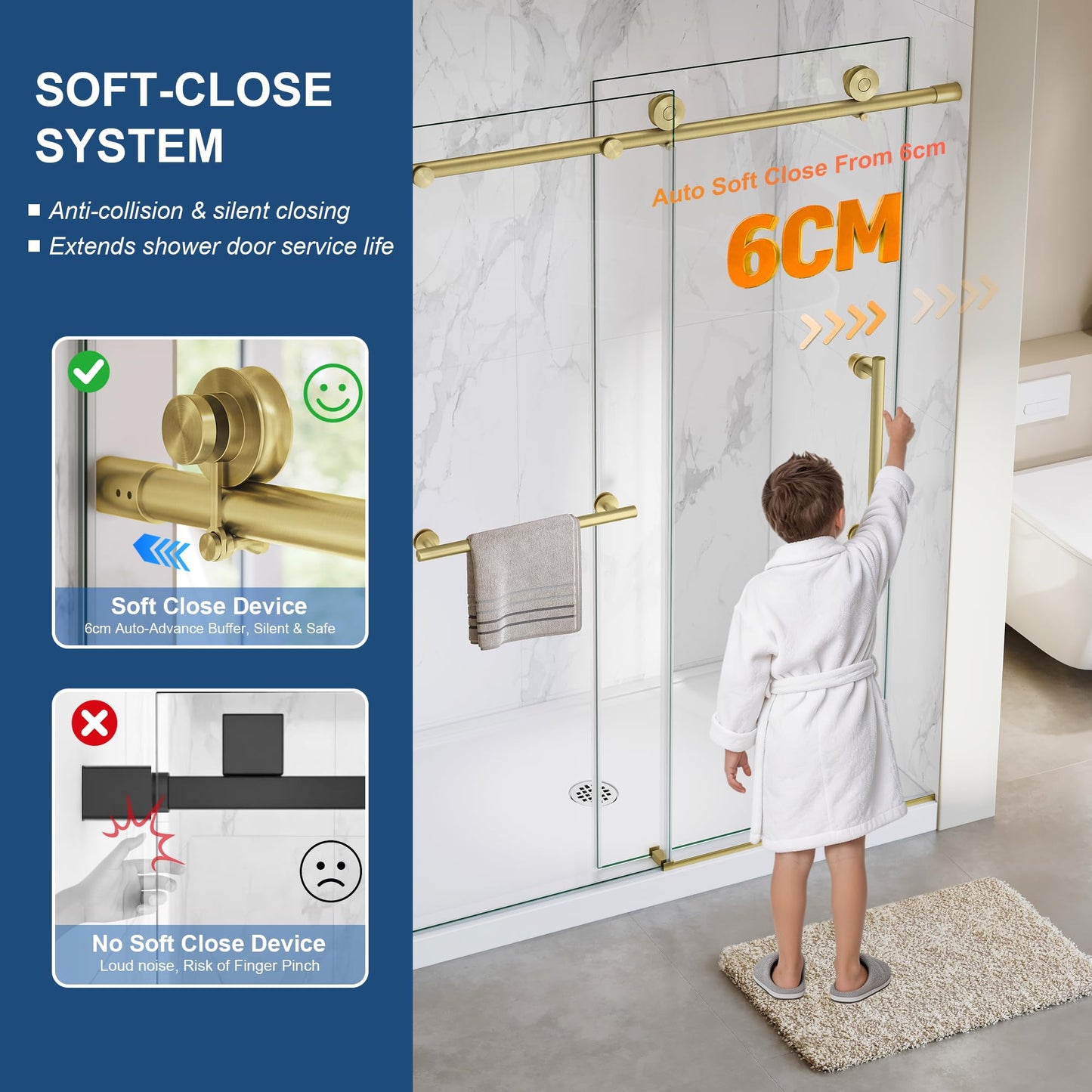 Frameless Shower Door,5/16" (8mm) Glass Sliding Shower Door with Soft-Close & Anti-Leak,Nano Coating Anti-Explosion Film SGCC Tempered Glass 55"-60" X 76"H,Brushed Gold