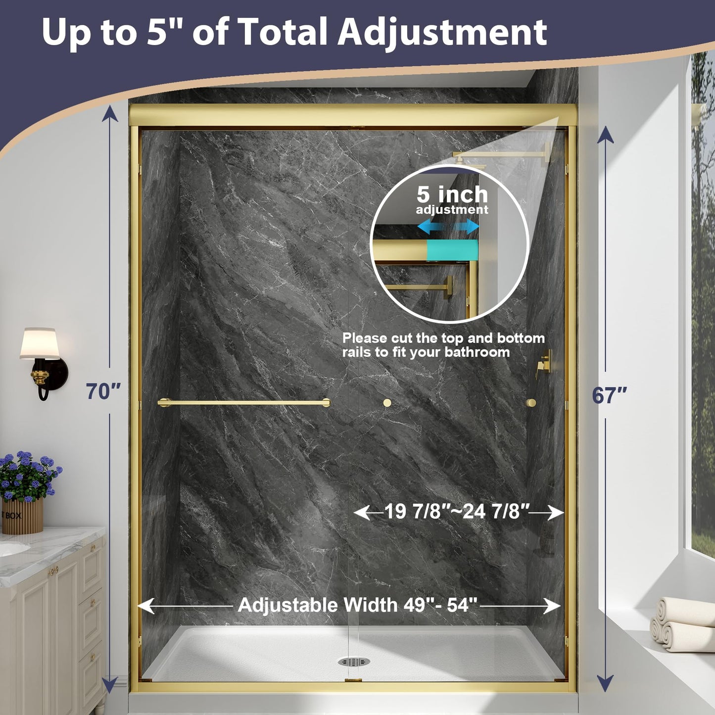 EASYWORC Double Sliding Shower Door, 49"-54" W x 70" H Semi-Frameless Glass Shower Door, 1/4'' (6mm) Clear SGCC Tempered Glass with Explosion-Proof Film and Nano Coating, Brushed Gold