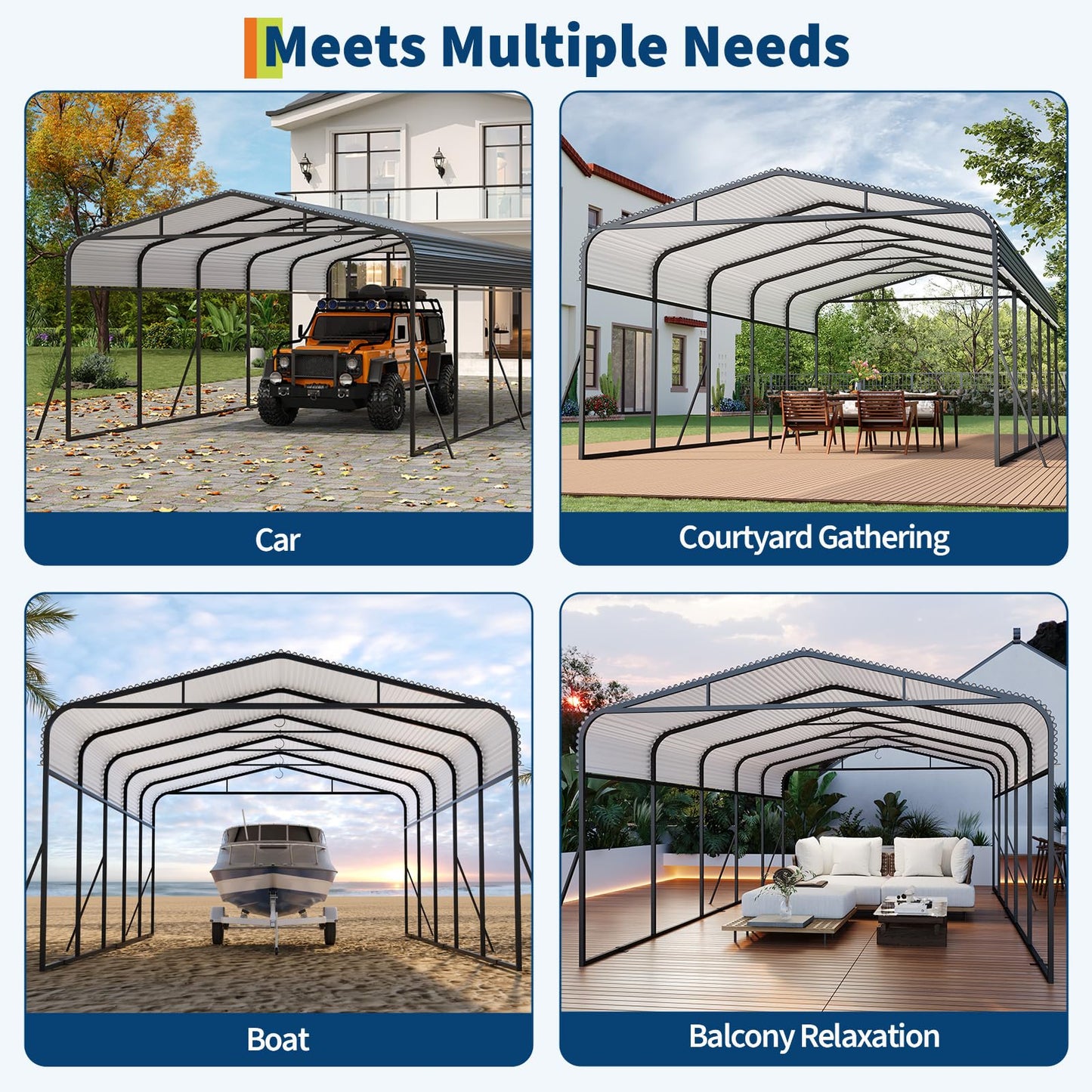 PeakPursuit Metal Carport, 13x26 FT Outdoor Car Port Canopy with Galvanized Steel Roof and Reinforced Base, Heavy Duty Garage Car Shelter Shade for SUV, Truck, Boats