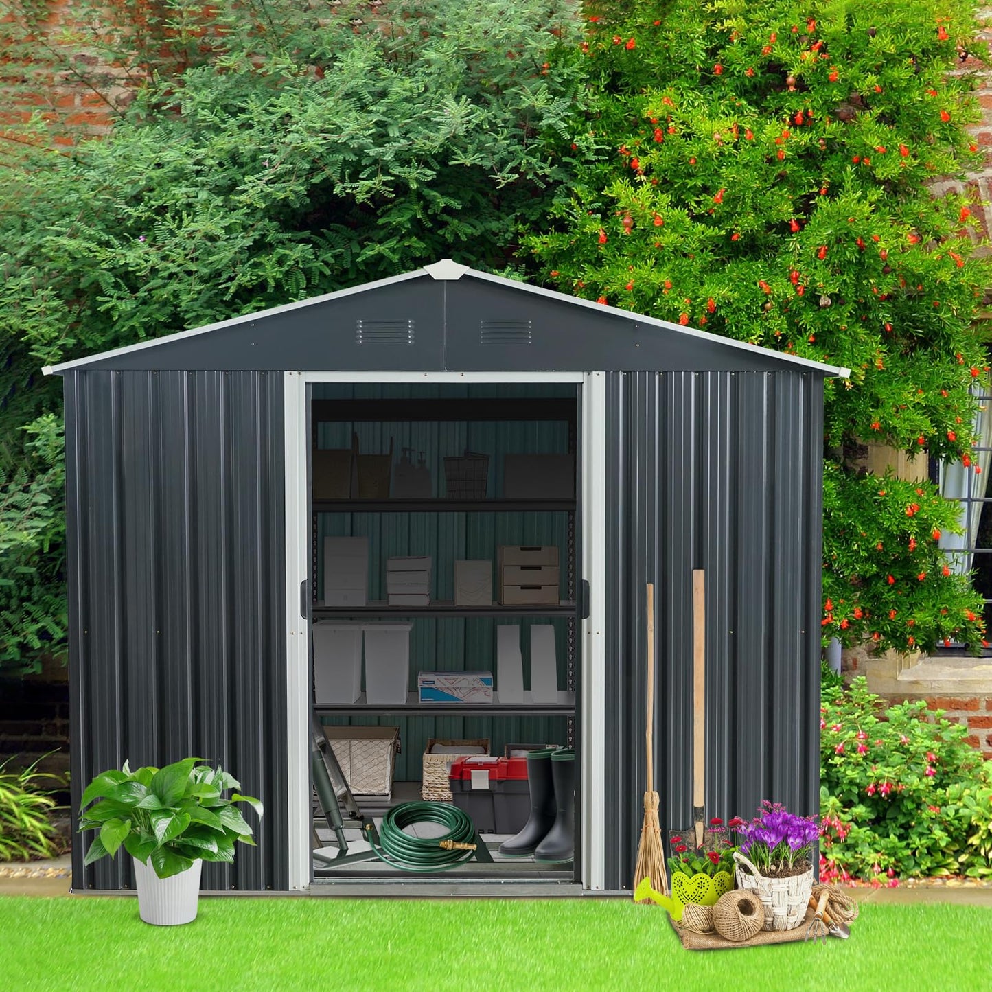Ball & Cast 8x10 Outdoor Metal Storage Shed with Floor Base and Vents,Galvanized Tool Cabinet w/Sliding Doors & Padlock,Waterproof House Shelter for Backyard Lawn Patio,Garden,Black