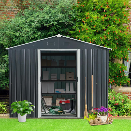 Ball & Cast 8x10 Outdoor Metal Storage Shed with Floor Base and Vents,Galvanized Tool Cabinet w/Sliding Doors & Padlock,Waterproof House Shelter for Backyard Lawn Patio,Garden,Black