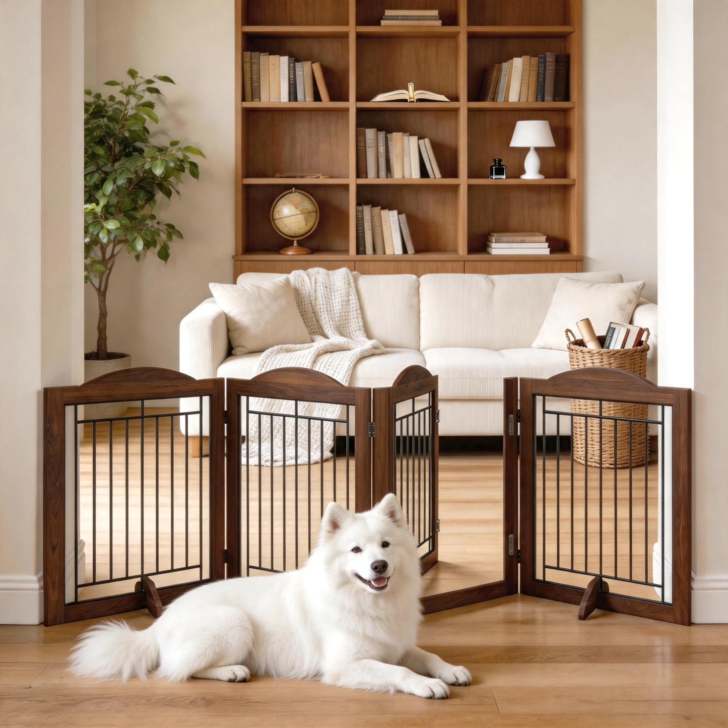 Vantas Folding No-Assembly Dog Door Pet Gate 96" Wide, 30" Tall Wooden Dog Gate with Door Walk Through, Freestanding Wire Pet Gate, Pet Puppy Safety Fence, with 2PCS Support – Brown