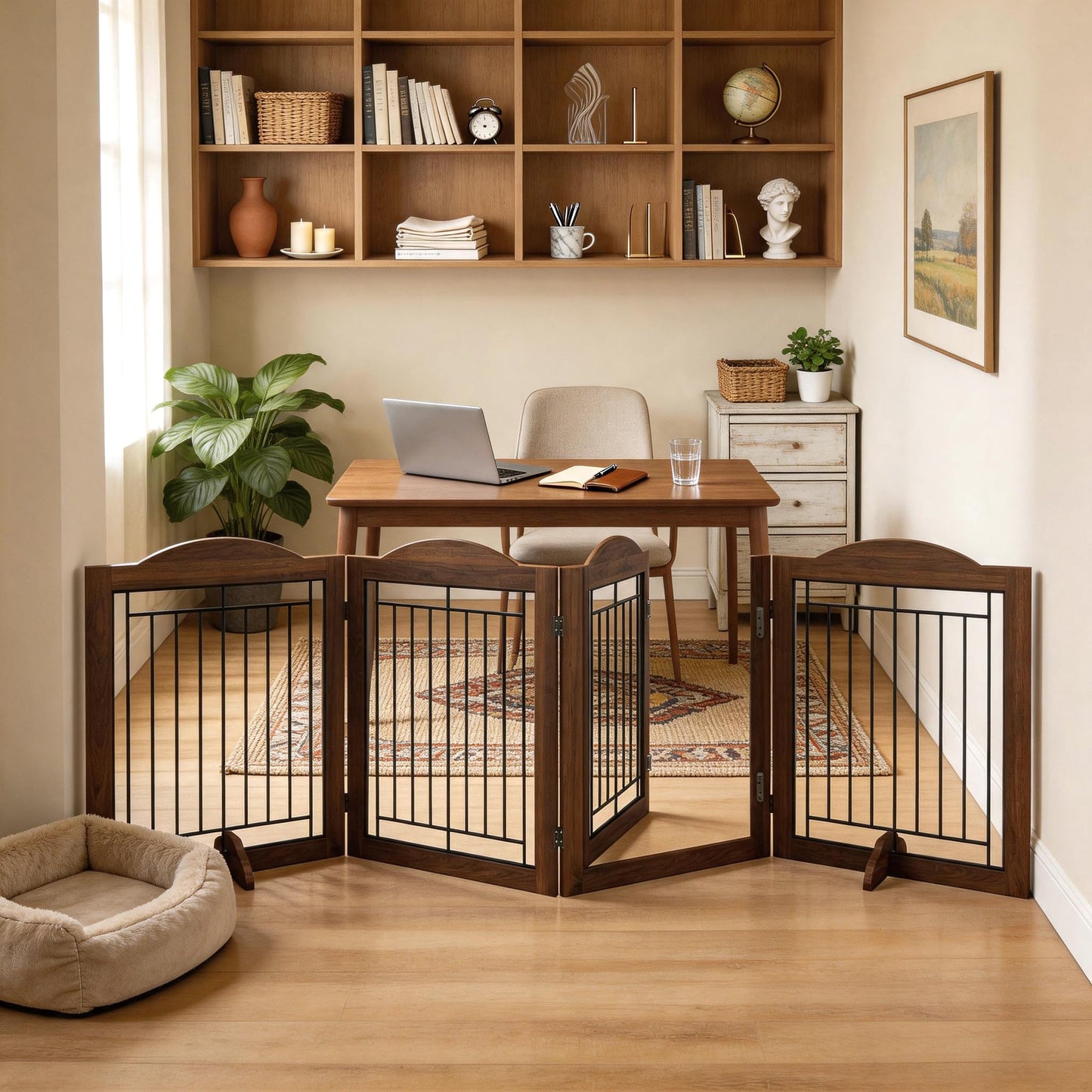 Vantas Folding No-Assembly Dog Door Pet Gate 96" Wide, 30" Tall Wooden Dog Gate with Door Walk Through, Freestanding Wire Pet Gate, Pet Puppy Safety Fence, with 2PCS Support – Brown