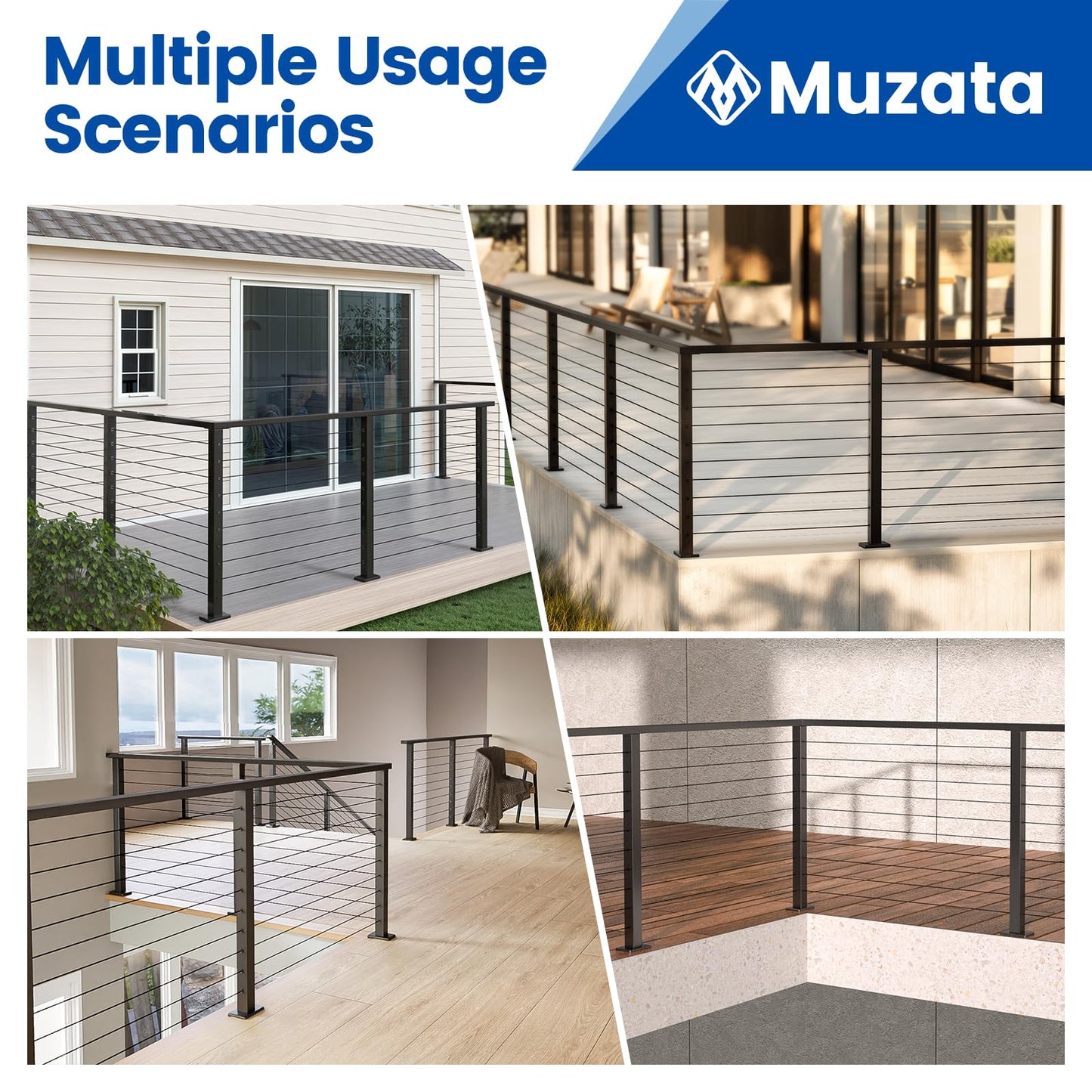 Muzata Black Corner Cable Railing Post 36 Inch 36"x2"x2" T-drilled One-Post Corner Solution Surface Mount Stainless Steel Cable Railing System Kit Indoor Outdoor with Paper User Guide PS02 B34S