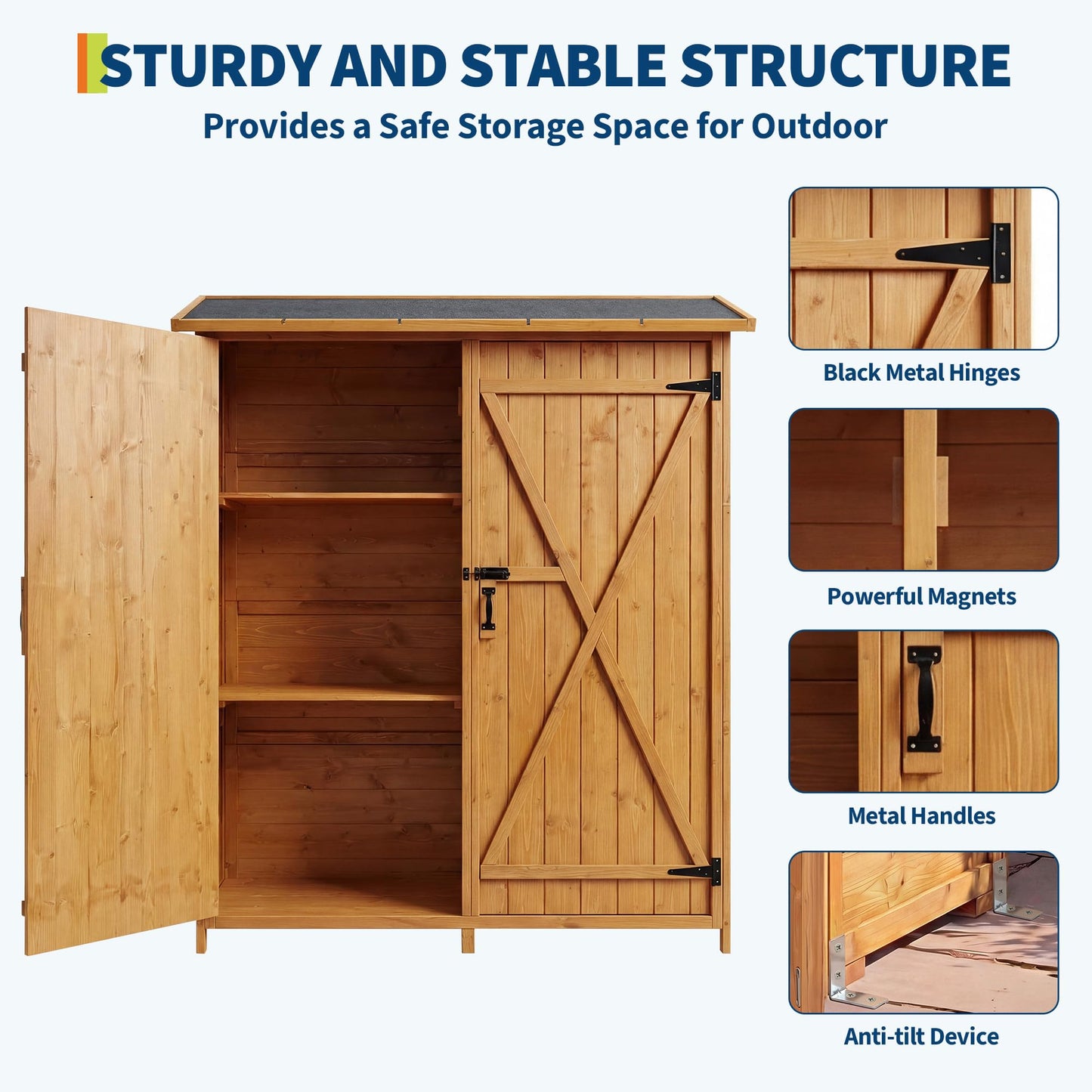 Outdoor Storage Cabinet with 2 Shelves & Lockable Doors- Wooden Garden Shed with Floor and Waterproof Roof for Patio, Backyard, Deck, Lawn Organization Tall Wood Tool Shed, Large Storage Space