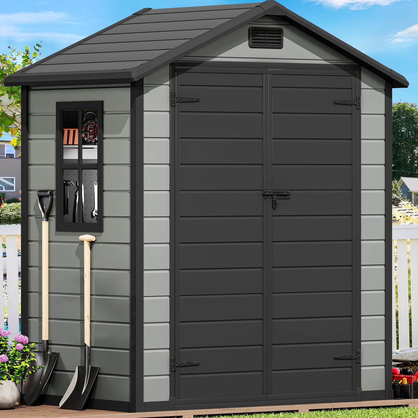 DWVO 6x4 FT Outdoor Storage Shed with Reinforced Floor, Resin Storage Shed with Lockable Door, Window and Vents, Waterproof Plastic Tool Storage for Garden Backyard Patio