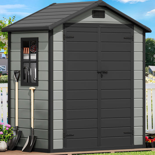 DWVO 6x4 FT Outdoor Storage Shed with Reinforced Floor, Resin Storage Shed with Lockable Door, Window and Vents, Waterproof Plastic Tool Storage for Garden Backyard Patio