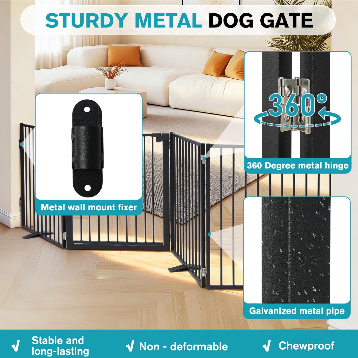 Snagle Paw Extra Wide Dog Gate,Free Standing Dog Fence with Door, Up to 104 Inch Wide Pet Gate with Support Feet for Stairs, Hallways, Doorways, Yard (Black, 4 Panels)