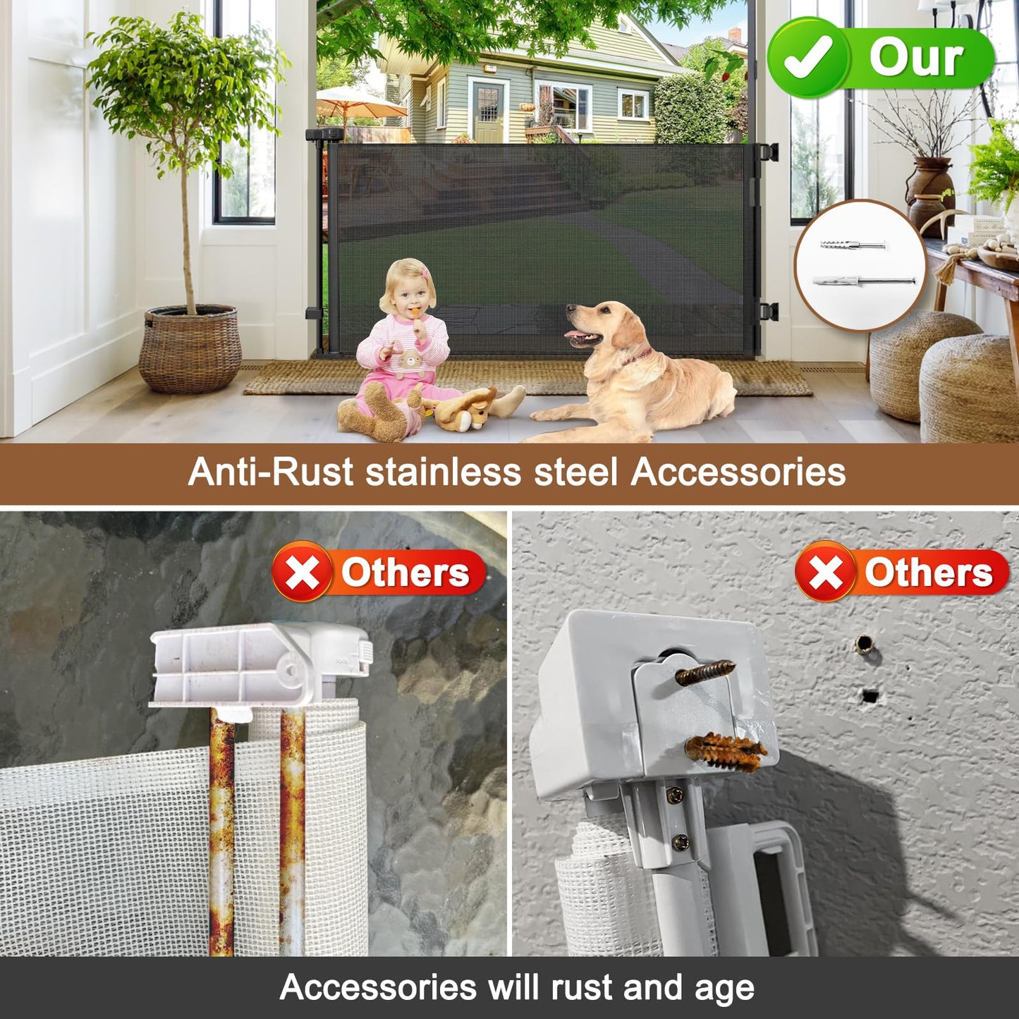 Weatherproof Outdoor Retractable Gate for Dogs with No Rust Stainless Steel Screws and Rods, 55" Wide Waterproof Retractable Baby Gates, Scratch-Resistant Mesh Safety Outdoor Pet Gate for Deck, Black
