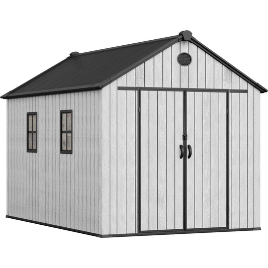 YITAHOME 8x12 FT Outdoor Storage Shed with Floor, Waterproof Extra Thick Plastic Garden Shed with Lockable Doors, 2 Vision Windows Vents, 16mm Heavy Duty Tool Shed for Bikes, Patio or Backyard, Gray