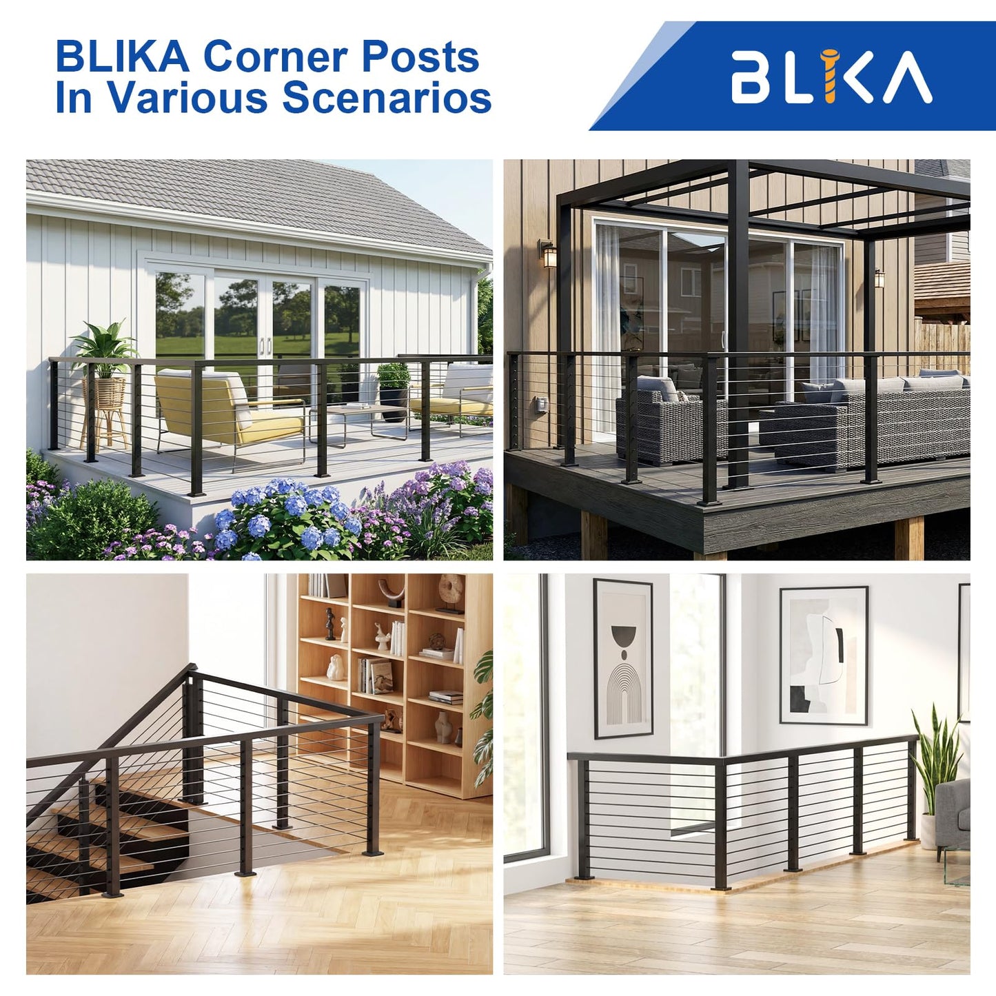 BLIKA 36" Cable Railing Corner Post(Post 35"x2"x2"), 3-Side Drilled Flat Top Surface Mount Corner Post, Stainless Steel Black Handrail Corner Post for Cable Railing Kits, BL05-CP