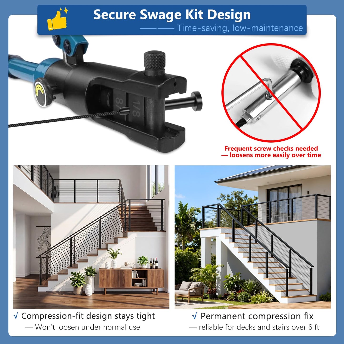 Zylorix 8ft-12ft Complete Set 36" Cable Railing System 33° Drilled with Cuttable Handrail, Modular Black T304 Stainless Steel Angled Stair Cable Railing Posts Kit for 28-38° Wood Concrete Stair