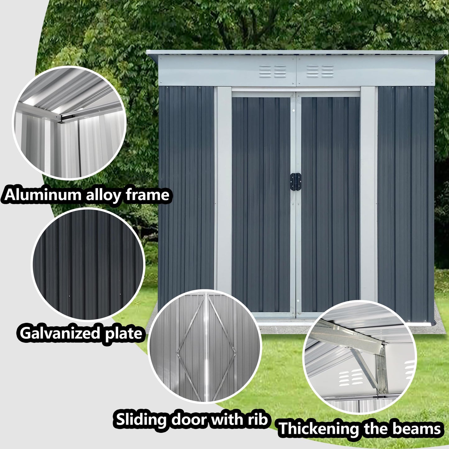 KEIKI 6x4 FT Outdoor Storage Shed with Pent Roof and Lockable Sliding Door, Small Waterproof Galvanized Steel Storage House with Aluminum Alloy Frame for Garden, Backyard, Patio, Lawn, Grey & White