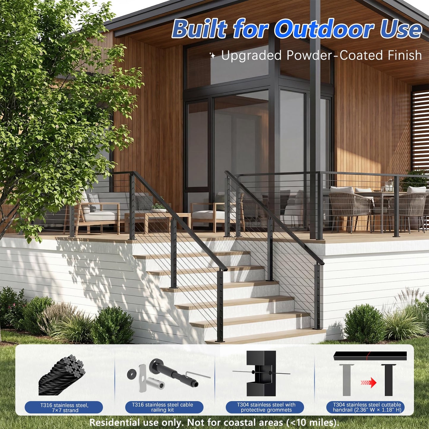 Zylorix 36" Swageless 12-16FT Black Complete Cable Railing System Post Kit with Handrail Cuttable, T304 Stainless Steel, Modular Pre-Cut 1/10" Cable Railing Kit with Level Post Easy DIY for Deck Porch