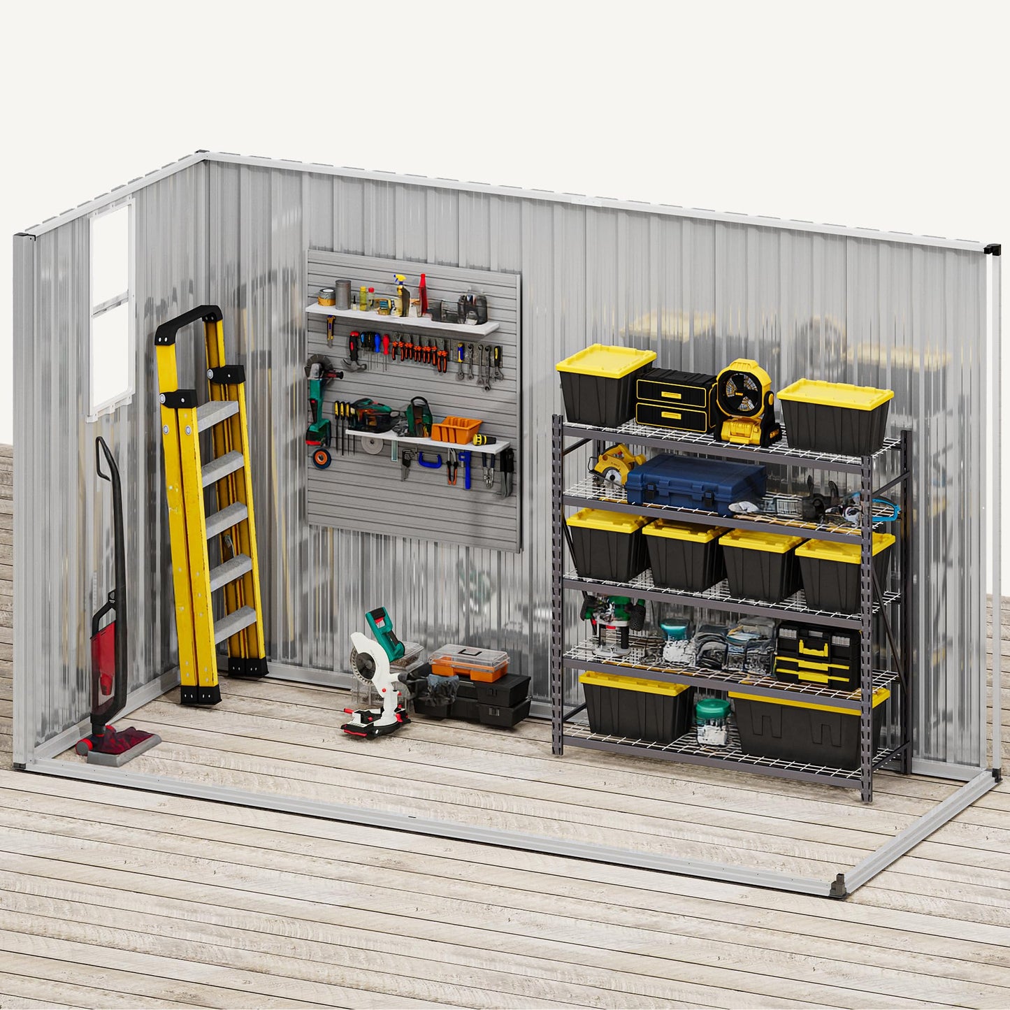 DWVO 9x4ft Large Tool Storage Shed with Window, Lockable Doors, and Sloped Roof, Oversized Steel Outdoor Storage Shed for Garden, Patio, Garage, Backyard, Lawn - Dark Gray