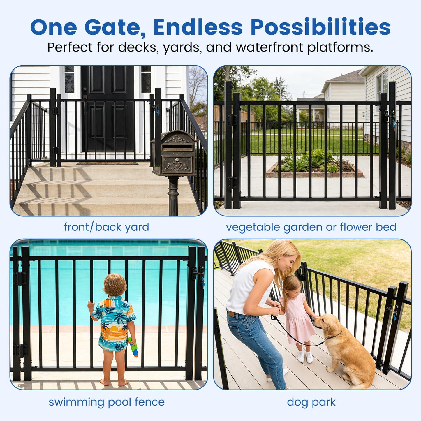 Aluminum Deck Gate Kit for Outdoor Safety, 36" H x 48" W Black Metal Gate Kit with Self-Closing Hinges & Latch, Aluminum Fence Gate for Pool, Porch, Yard, and Dog Protection