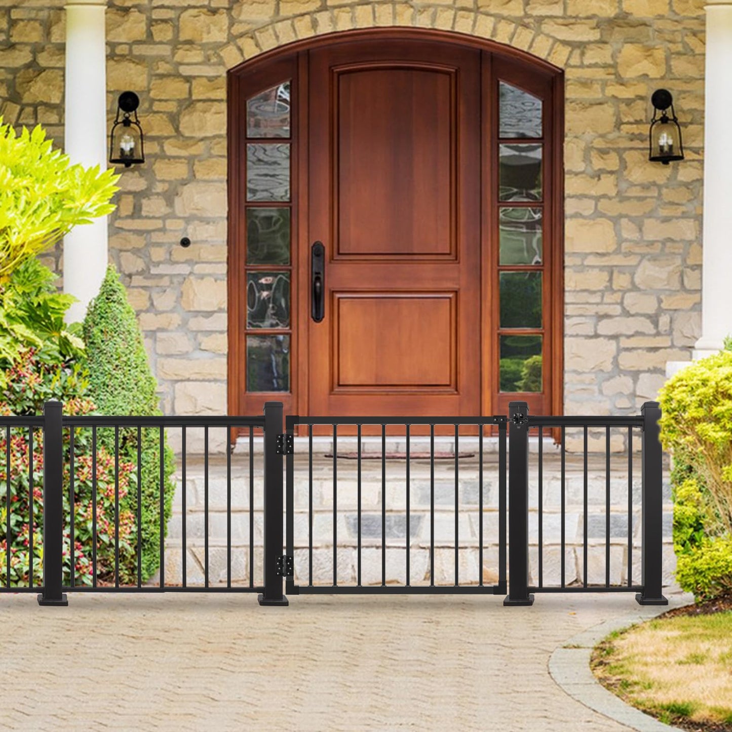 SunCrafts Deck Fence Gate Outdoor, 32″ Gate for 36″ Deck, Black Heavy Duty Steel Anti-Rust Door with Cuttable Width (Up to 48"), Metal Gate for Residential, Yard, Patio, Hinges and Latch Included
