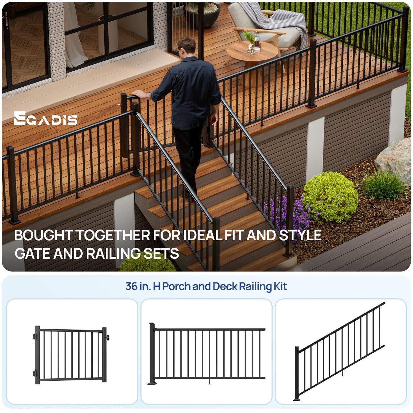 Egadis 4 ft. W Aluminum Deck Gate Kit for 36in. H Railing, Cuttable AAMA2604 Powder-Coat Finish Outdoor Gate Kit with Premium Latch and Auto-Closing Hinge for Deck, Patio, Garden, Yard, Porch