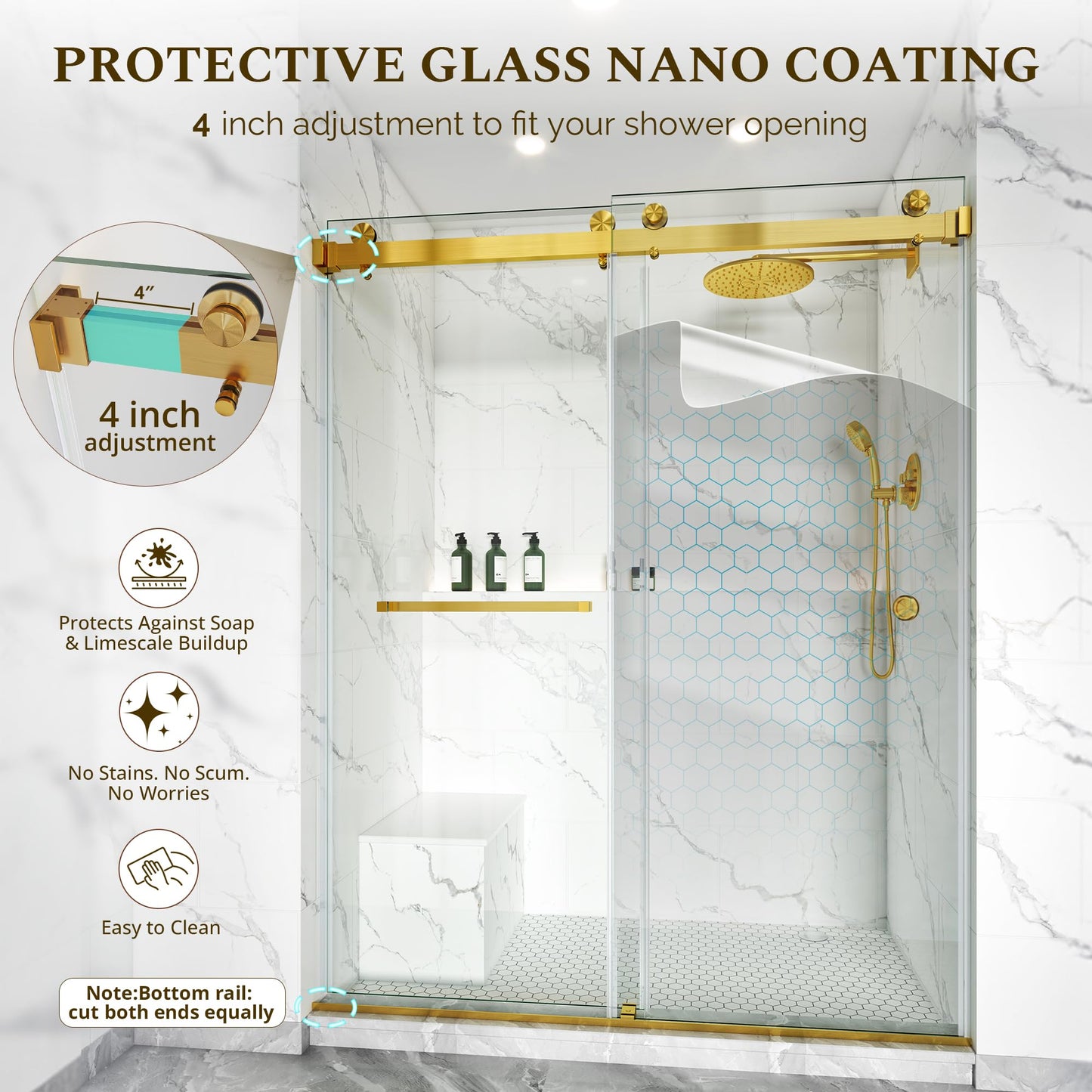Frameless Double Sliding Shower Door 57"-61"x79", 3/8" Tempered Glass with Easy-Clean Coating, Adjustable Width for Walk-in Shower, Includes Towel Bar & Stainless Steel Hardware