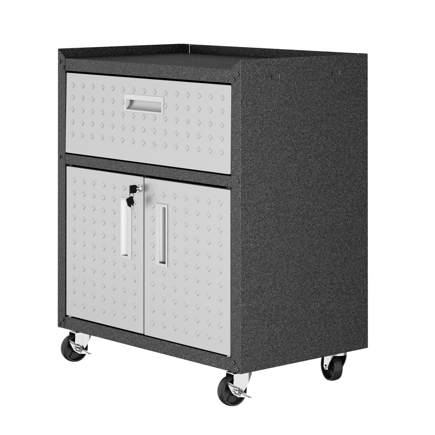 Manhattan Comfort Fortress Textured Metal 31.5" Garage Mobile Cabinet with 1 Full Extension Drawer and 2 Adjustable Shelves, Black/Gray