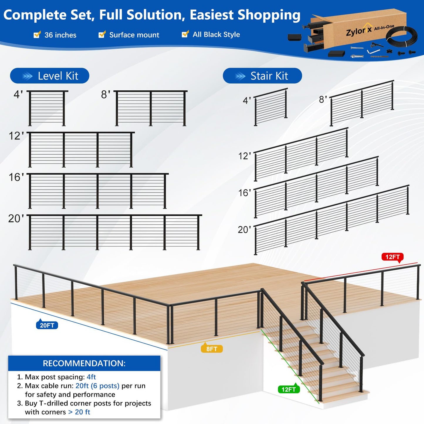 Zylorix 8ft-12ft Complete Set 36" Cable Railing System 33° Drilled with Cuttable Handrail, Modular Black T304 Stainless Steel Angled Stair Cable Railing Posts Kit for 28-38° Wood Concrete Stair