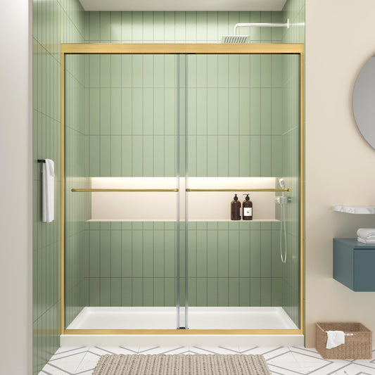 ACE DECOR 56-60" W x 70" H Semi-Frameless Shower Door, Double Sliding Shower Door with 1/4" (6mm) Clear SGCC Tempered Glass, Brushed Gold Finish Shower Doors, Reversible Installation