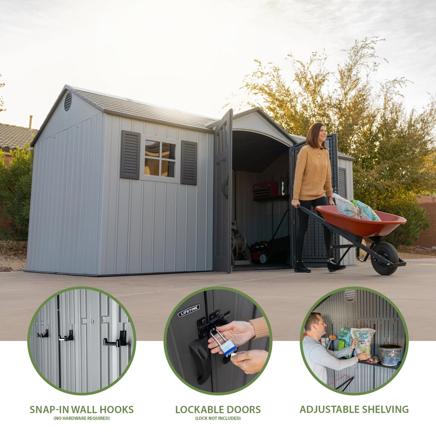 Lifetime Outdoor Storage Shed, 15x8 Ft, Gray, Resin Backyard Tool Shed with Lockable Doors and Weather-Resistant Panels