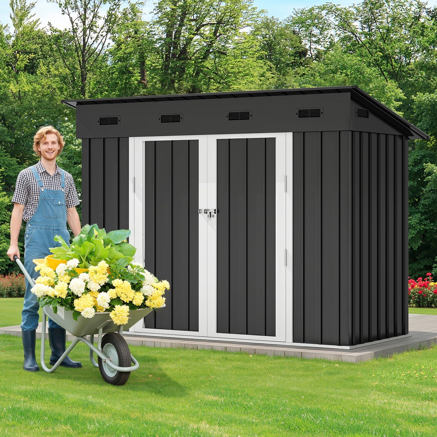 DWVO 9' x 4' Outdoor Storage Shed, Lockable Double Doors, Sloped Roof, Heavy-Duty Steel Shed for Garden & Patio, Large Backyard Tool Organizer, Dark Gray