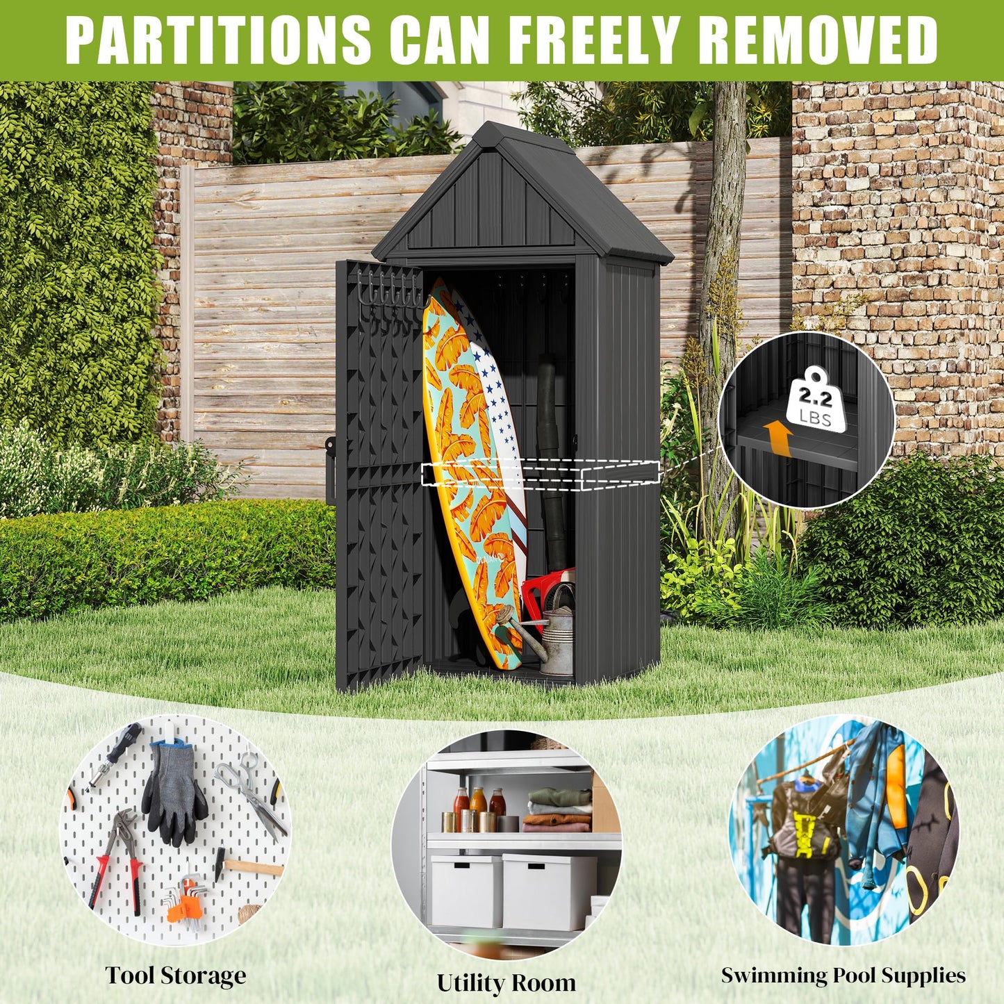 Fancyango Outdoor Resin Storage Shed, Upgrade Sturdy Storage Cabinet with Removable Shelves and Lock Ring, Reinforced Floor, All-Weather Construction for Garden Patio Lawn (Black) (Black)