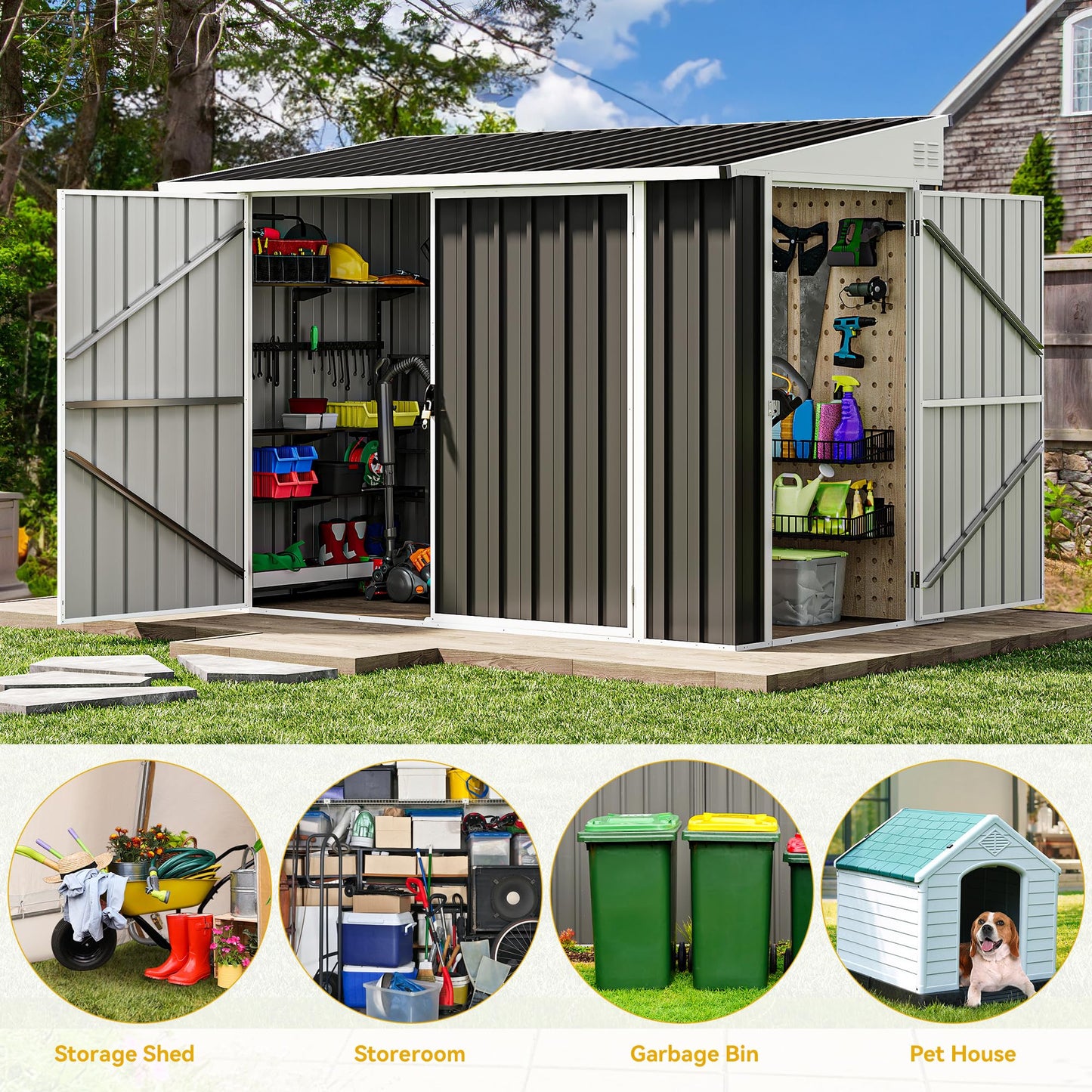 DWVO Outdoor Storage Shed, Waterproof Metal Garden Shed with Lockable Door, Storage Shed for Bike, Garbage Can, Lawnmower, Tool (4 x 8 FT)