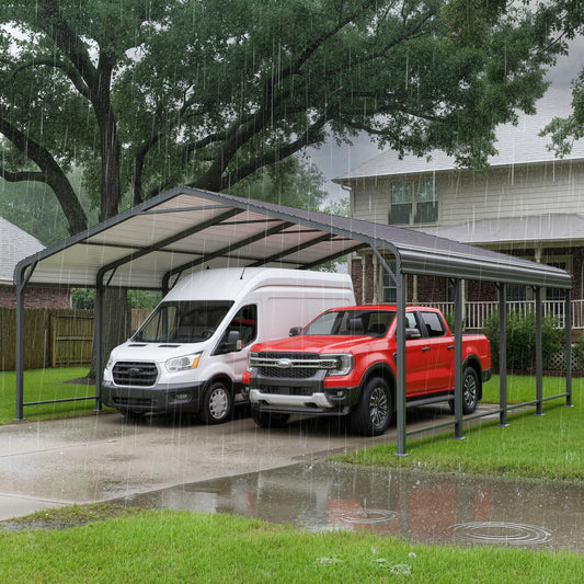 20x20 FT Car Port, Metal Carport for 2 Cars, Heavy Duty Canopy Carport with Updated Roof & Enhanced Base, Garage Vertaile Carports for RV Car, Truck, Boat, Tractors, Party, Grey