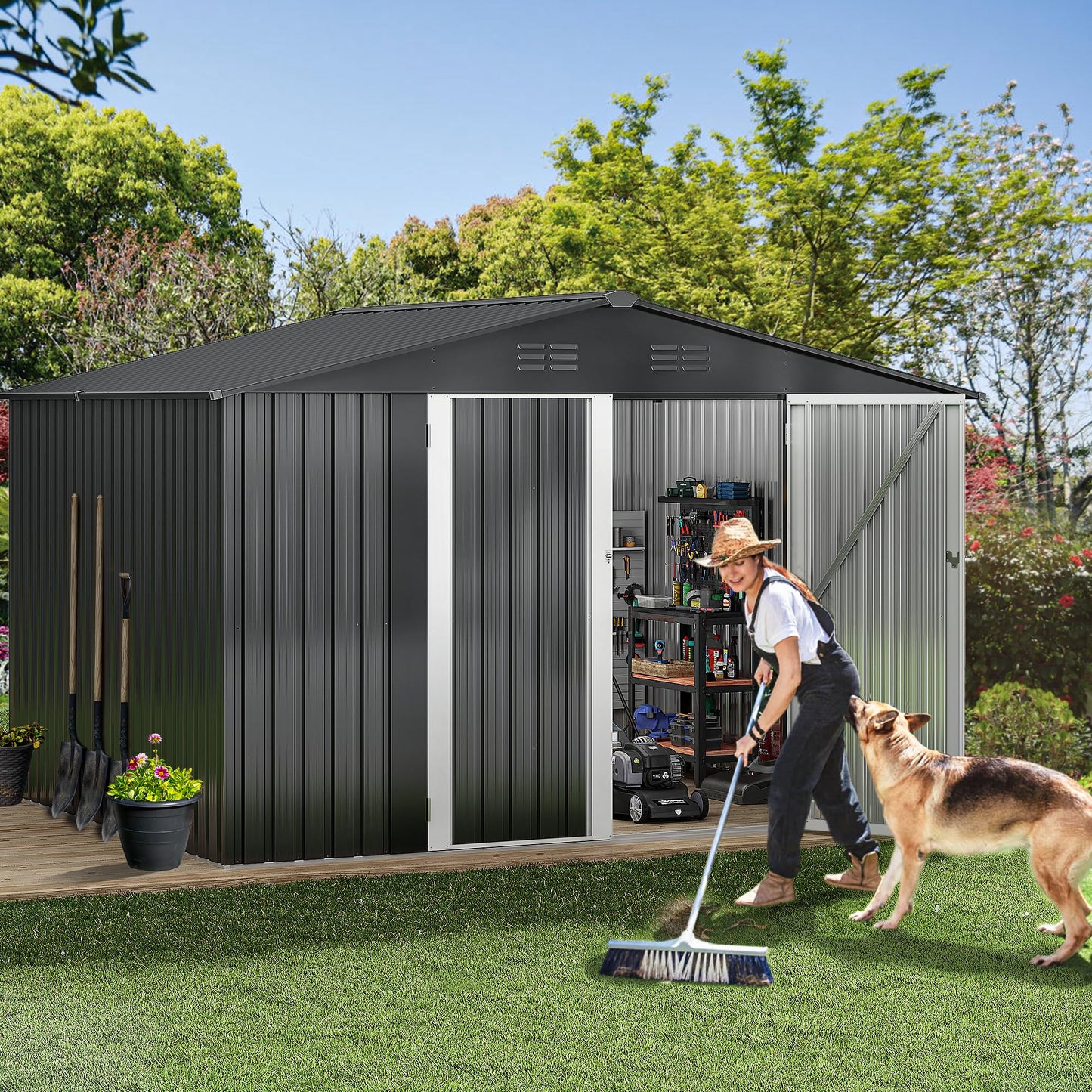 DWVO 10x8FT Outdoor Storage Shed, Spacious Metal Tool Shed with Lockable Doors & Ventilation for Patio, Lawn, and Backyard, Ideal for Storing Garden Equipment, Lawnmowers, and Bicycles, Dark Gray