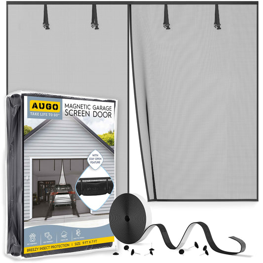 AUGO Garage Door Screen, 2 Car 9x7FT, Fiberglass mesh with Magnetic Closure, Heavy Duty Weighted Bottom, Easy Assembly & Pass, Hands Free Screen Door