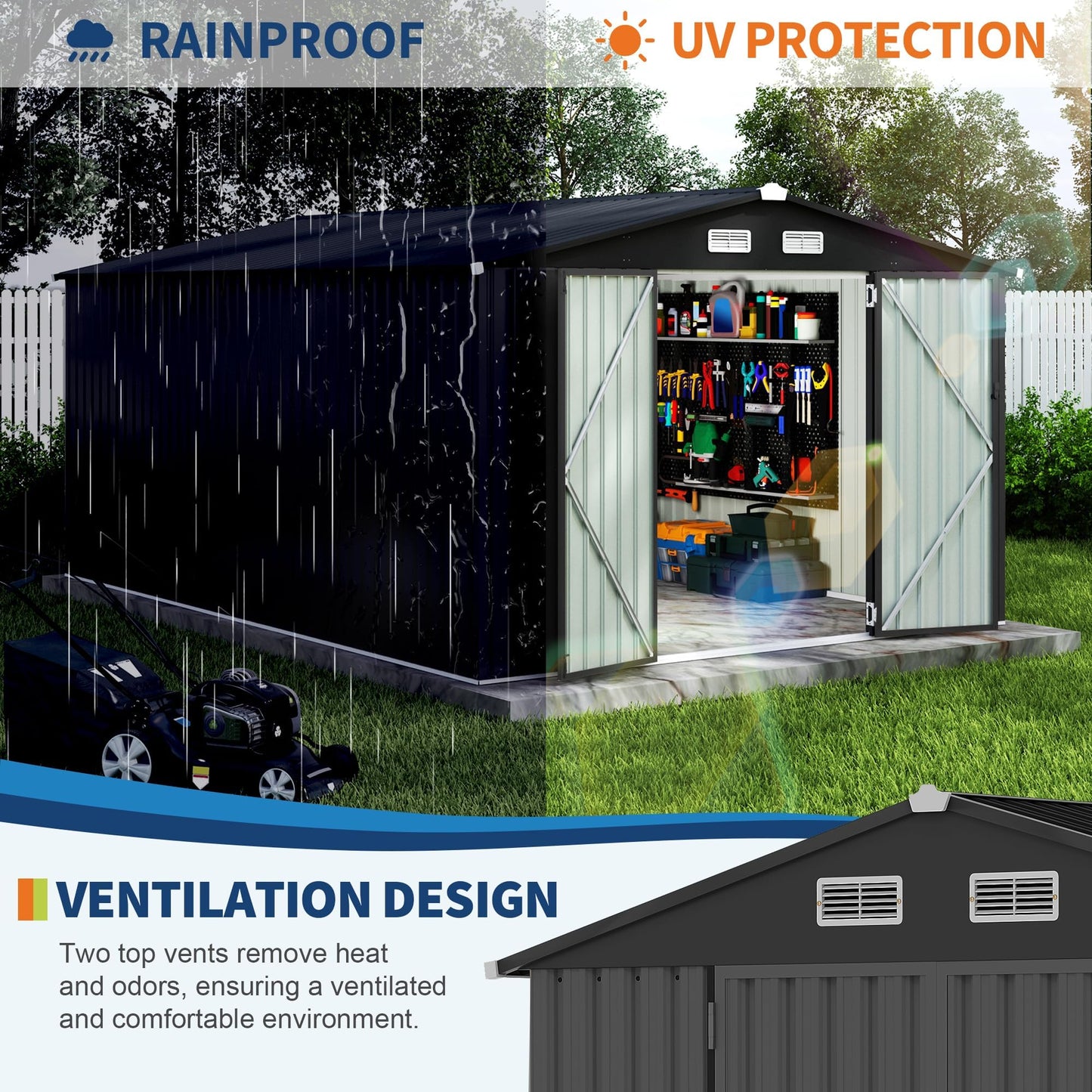 10x14 FT Outdoor Storage Shed, Weatherproof Outdoor Metal Storage Shed, Galvanized Steel Garden Shed with Lockable Doors & Vents, Heavy Duty Sheds & Outdoor Storage for Backyard Lawn Equipment and Bik