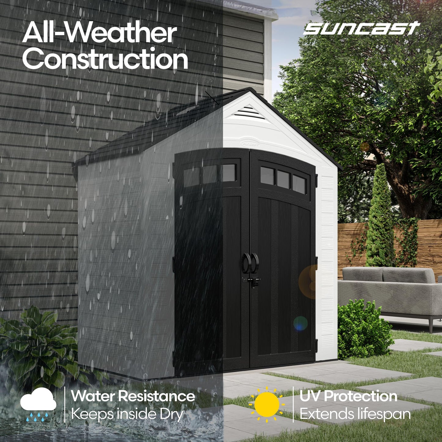 Suncast 7x4 Ft. Vista Vertical Resin Shed - Outdoor Storage Shed with Floor, Double Doors, IllumiVent™ Ventilation, Reinforced Resin Panels - Ideal for Ladders, Long-Handled Tools, & Garden Equipment