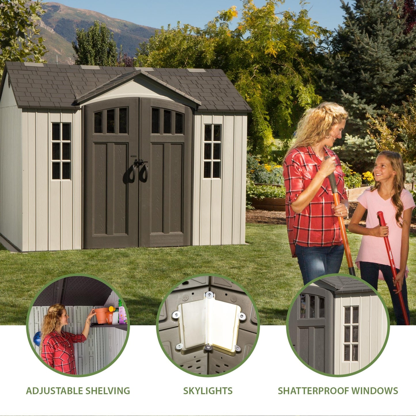 Lifetime 10×8 Ft. Outdoor Storage Shed, Dual‑Wall HDPE with Steel‑Reinforced Structure, Side‑Entry Doors with Windows, Skylight, Screened Vents, Adjustable Shelves, Slip‑Resistant Floor, UV‑Protected