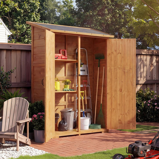 Outdoor Storage Cabinet with 2 Shelves & Lockable Doors- Wooden Garden Shed with Floor and Waterproof Roof for Patio, Backyard, Deck, Lawn Organization Tall Wood Tool Shed, Large Storage Space
