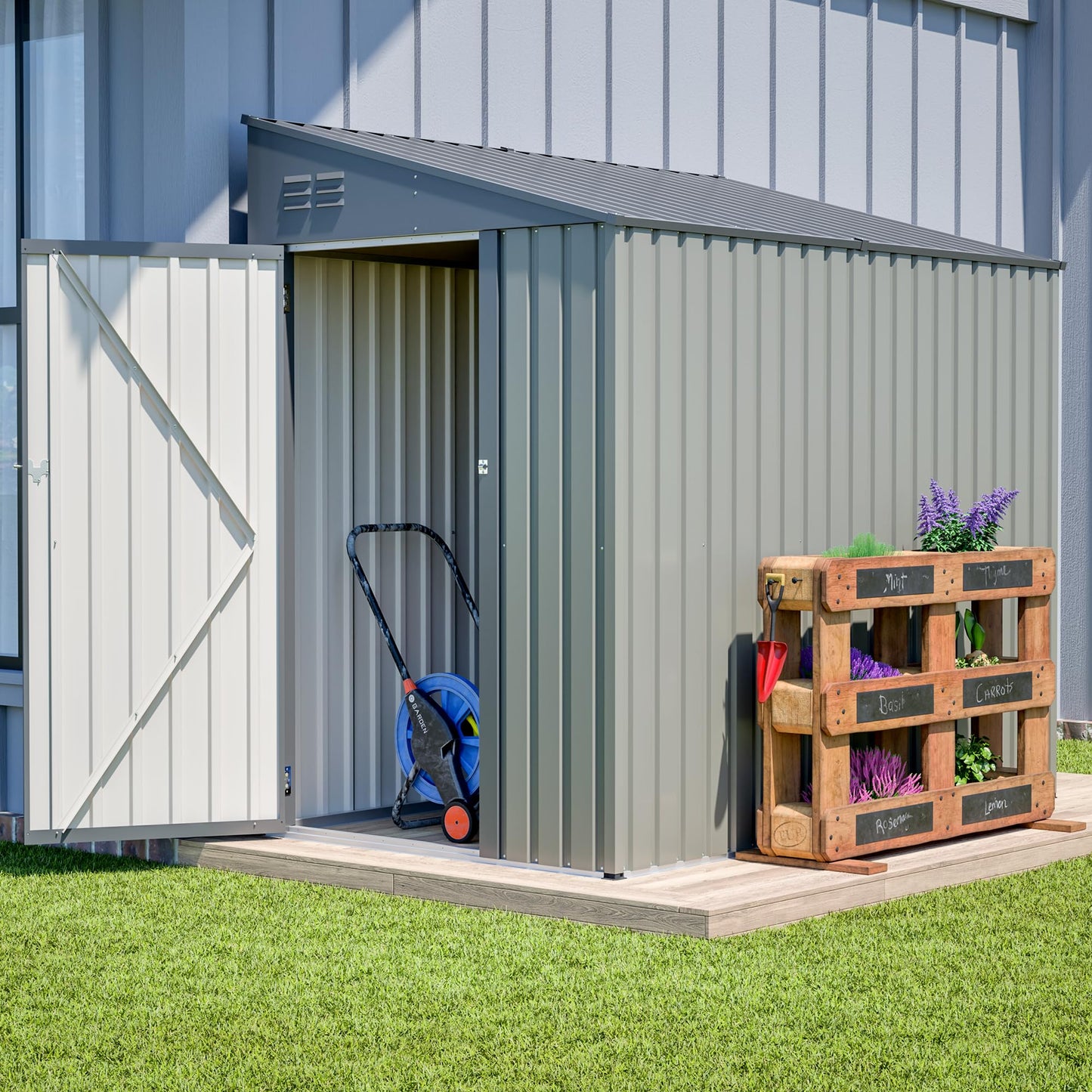 YOPTO 4×7 FT Outdoor Metal Storage Shed,Heavy-Duty Lean to Storage Shed with Lockable Door and Reinforced Beams,All Weather Waterproof Storage House W/2 Air Vents,for Backyard,Patio,Lawn,Gray