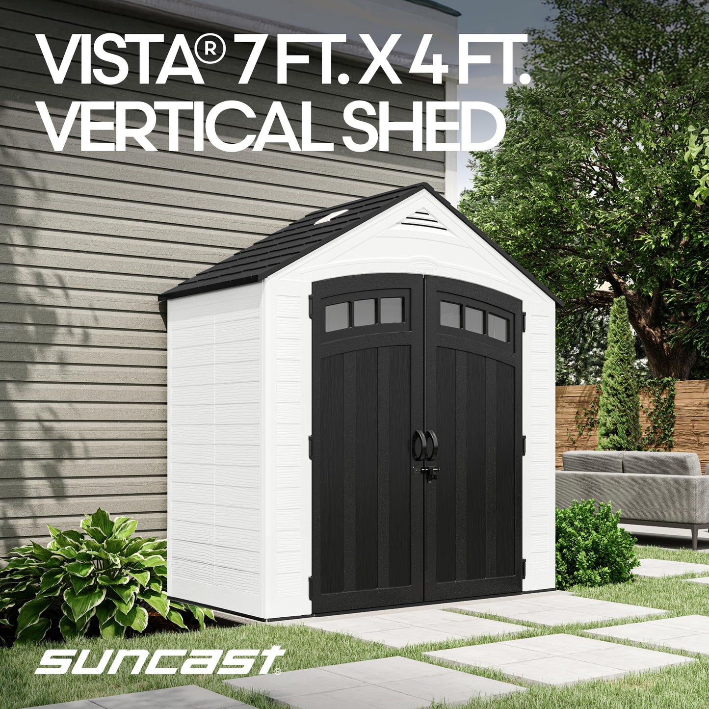 Suncast 7x4 Ft. Vista Vertical Resin Shed - Outdoor Storage Shed with Floor, Double Doors, IllumiVent™ Ventilation, Reinforced Resin Panels - Ideal for Ladders, Long-Handled Tools, & Garden Equipment