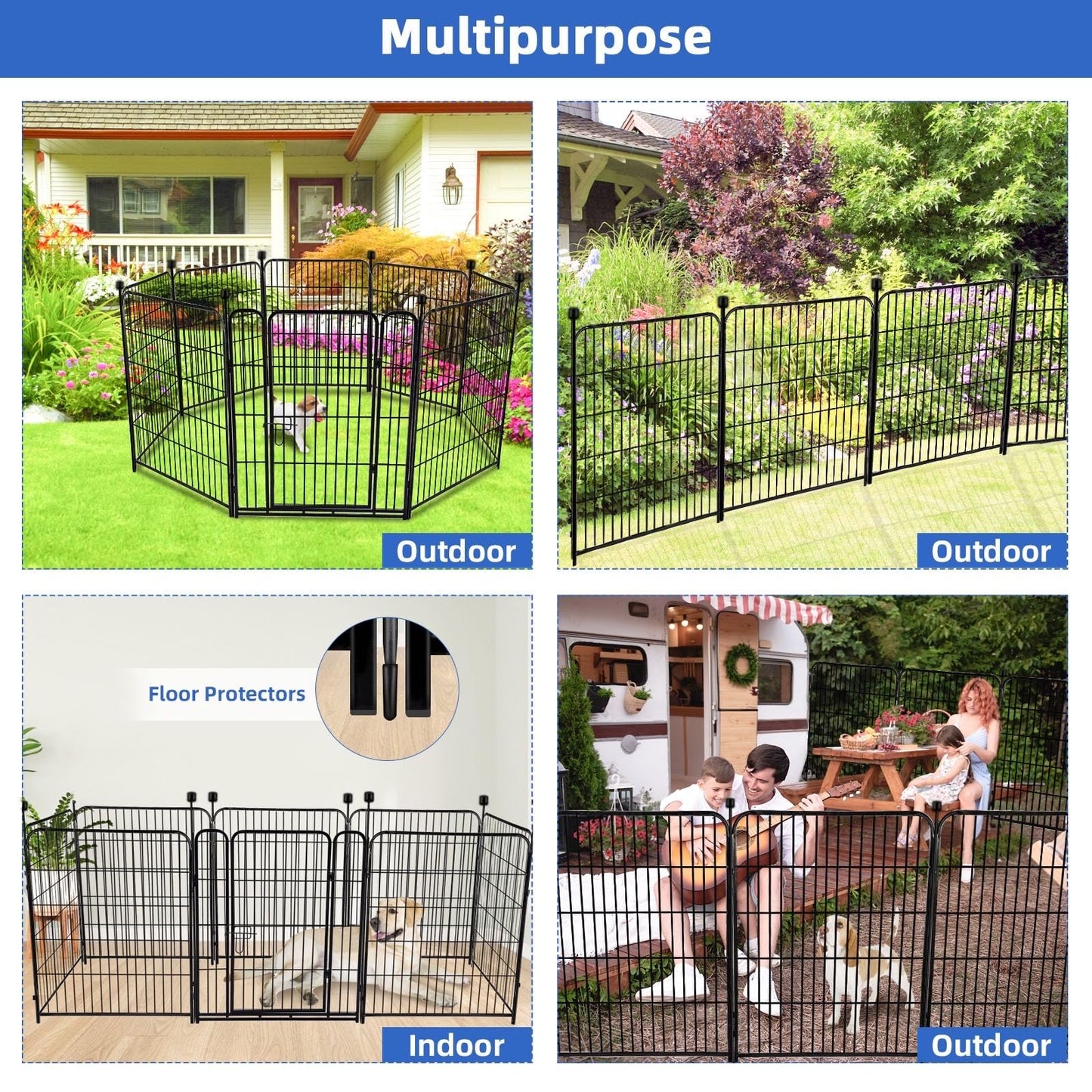ADAVIN Tall Garden Fence with Gate, 48 in(H) 8 Panels Heavy Duty Iron Metal Animal Barrier Fence, Indoor Dog Playpen, Temporary Fencing, Dog Fence Outdoor for Yard, Total17.7 Ft(L), Black