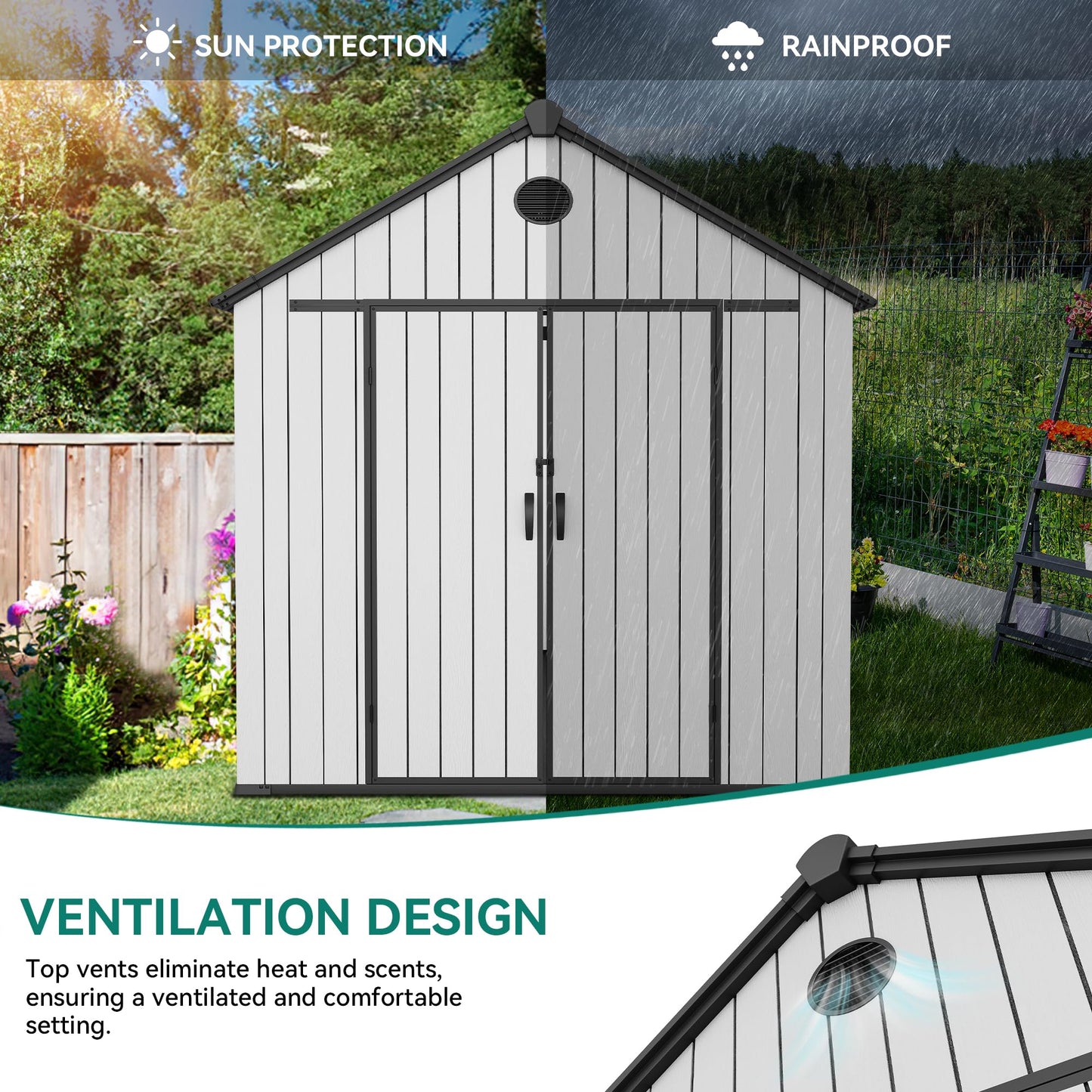 YITAHOME 8x12 FT Outdoor Storage Shed with Floor, Waterproof Extra Thick Plastic Garden Shed with Lockable Doors, 2 Vision Windows Vents, 16mm Heavy Duty Tool Shed for Bikes, Patio or Backyard, Gray